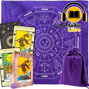 Kit de Tarot Rider Waite en español para principiantes con mazo de 78 cartas, audioguía, manual físico y tapete con diseño zodiacal de Cataros.