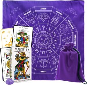 Kit de Tarot Marsella en color morado para principiantes con cartas interpretadas, tapete zodiacal, bolsa y manuales de Cataros.