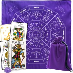 Kit de Tarot Marsella en color morado para principiantes con cartas interpretadas, tapete zodiacal, bolsa y manuales de Cataros.