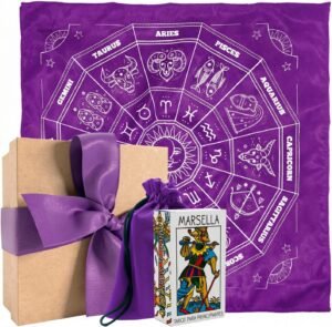 Kit completo de Tarot de Marsella de Cataros que incluye mazo de 78 cartas, caja de lujo, mantel, bolsa de tela, cuarzo e incienso.