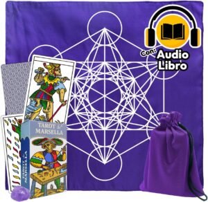 Set de Tarot de Marsella de Cataros con mazo de 78 cartas, morral de tela morado, tapete para lectura y manual físico.