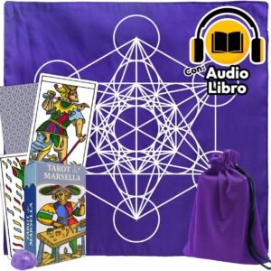 Set de Tarot de Marsella de Cataros con mazo de 78 cartas, morral de tela morado, tapete para lectura y manual físico.
